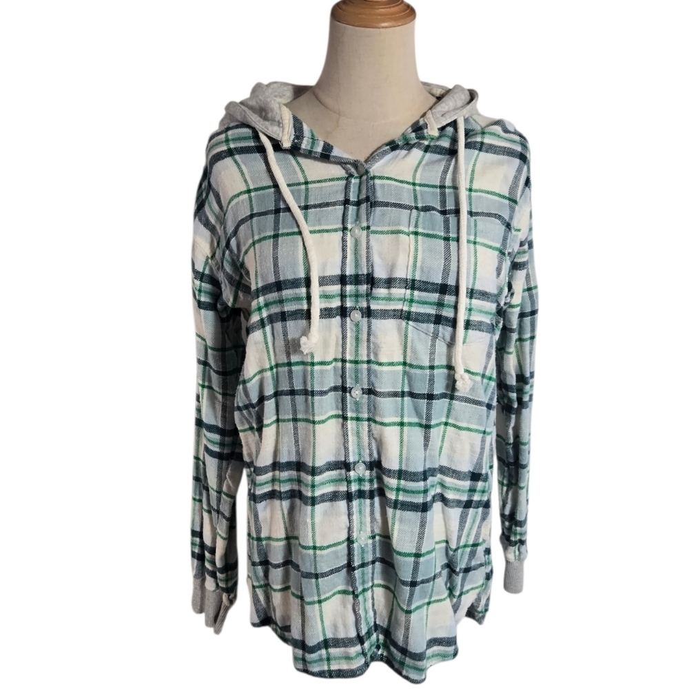 American Eagle Vintage Green And White Plaid Hooded Flannel Shirt